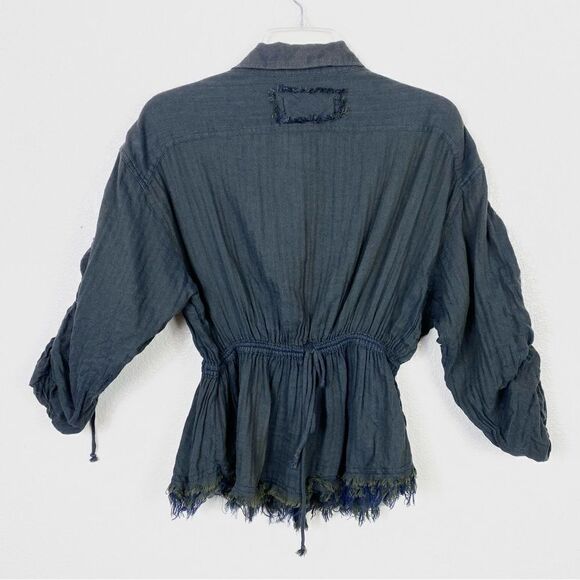 Free People Pacific Dawn Dark Grey Distressed Fitted Waist Scrunched Sleeve Top - Picture 5 of 8